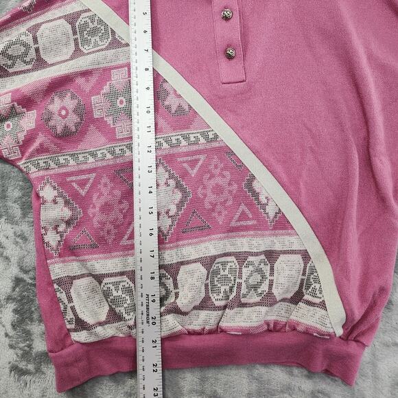 Vintage 80s Graff Top Womens M Pink Silver Metallic Glitter 3/4 Sleeve Polo - Picture 8 of 9
